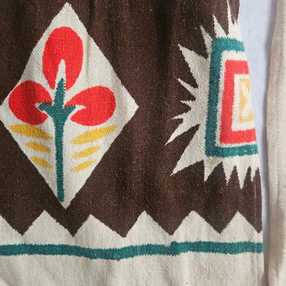 Vintage Handmade Folk Art Half Apron Cream Linen Painted Floral Geometric Boho